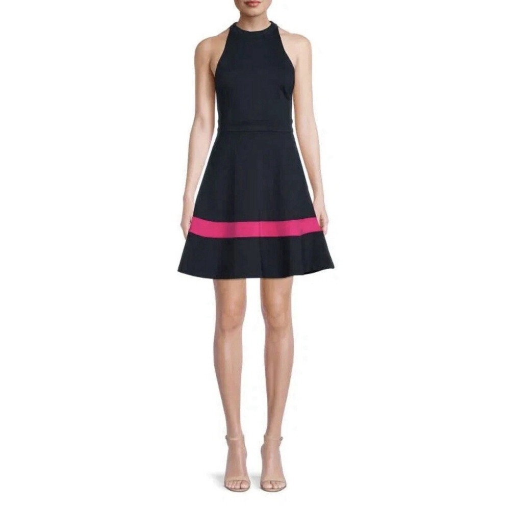 Eliza J Sleeveless Fit &‎ Flare Halter Dress  Size 12 Navy Pink Halter Neck